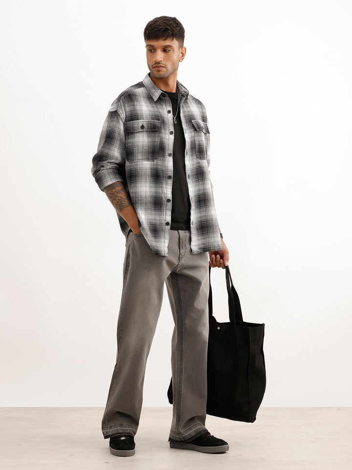 Oversized Double Pocket Checkered Shirt | White