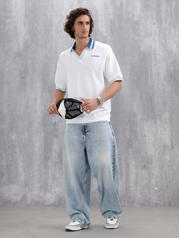 Oversized Johnny Collar Polo T-Shirt With Contrast Collar | White