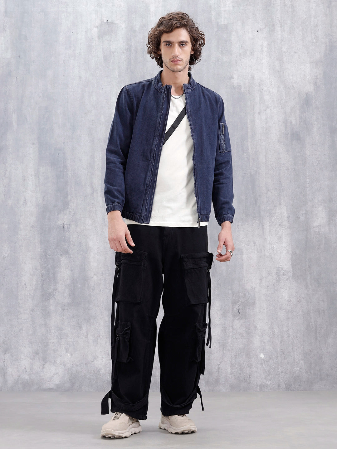 Washed Casual Men Denim Bomber Jacket | Blue