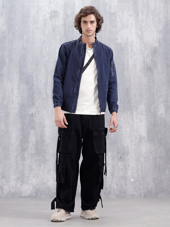 Washed Casual Men Denim Bomber Jacket | Blue