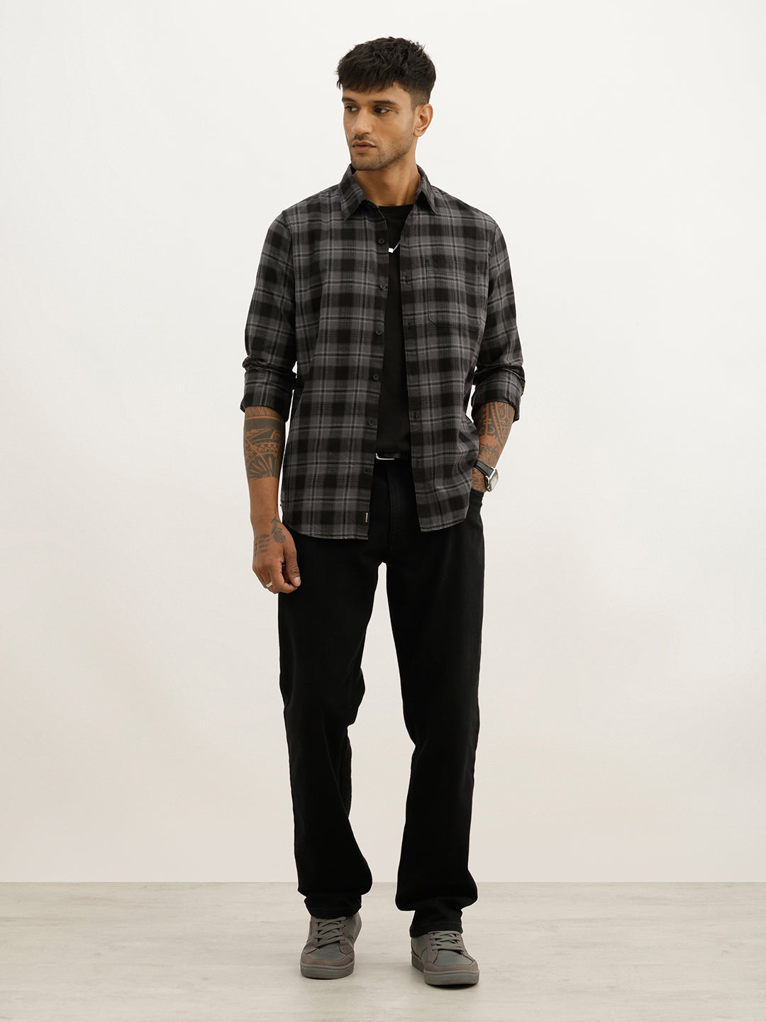 Slim Fit Checkered Full Sleeve Shirt | Dark Grey