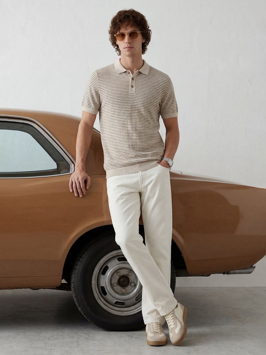 Slim Fit Striped Polo T-Shirt | Beige