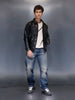 Men's Slim Fit PU Collared Jacket  |  Black