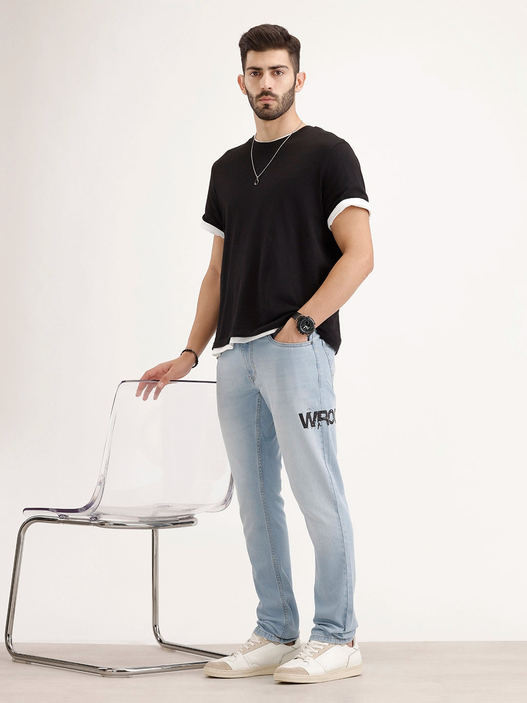 Slim Fit Placement Printed Denim Jeans | Light Blue