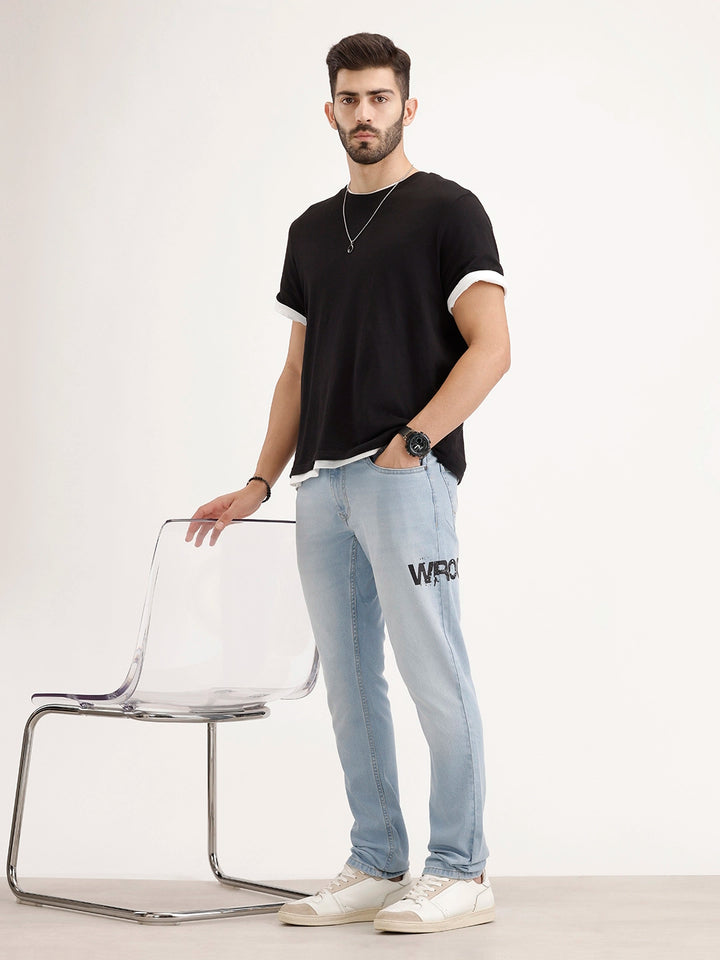 Slim Fit Placement Printed Denim Jeans | Light Blue