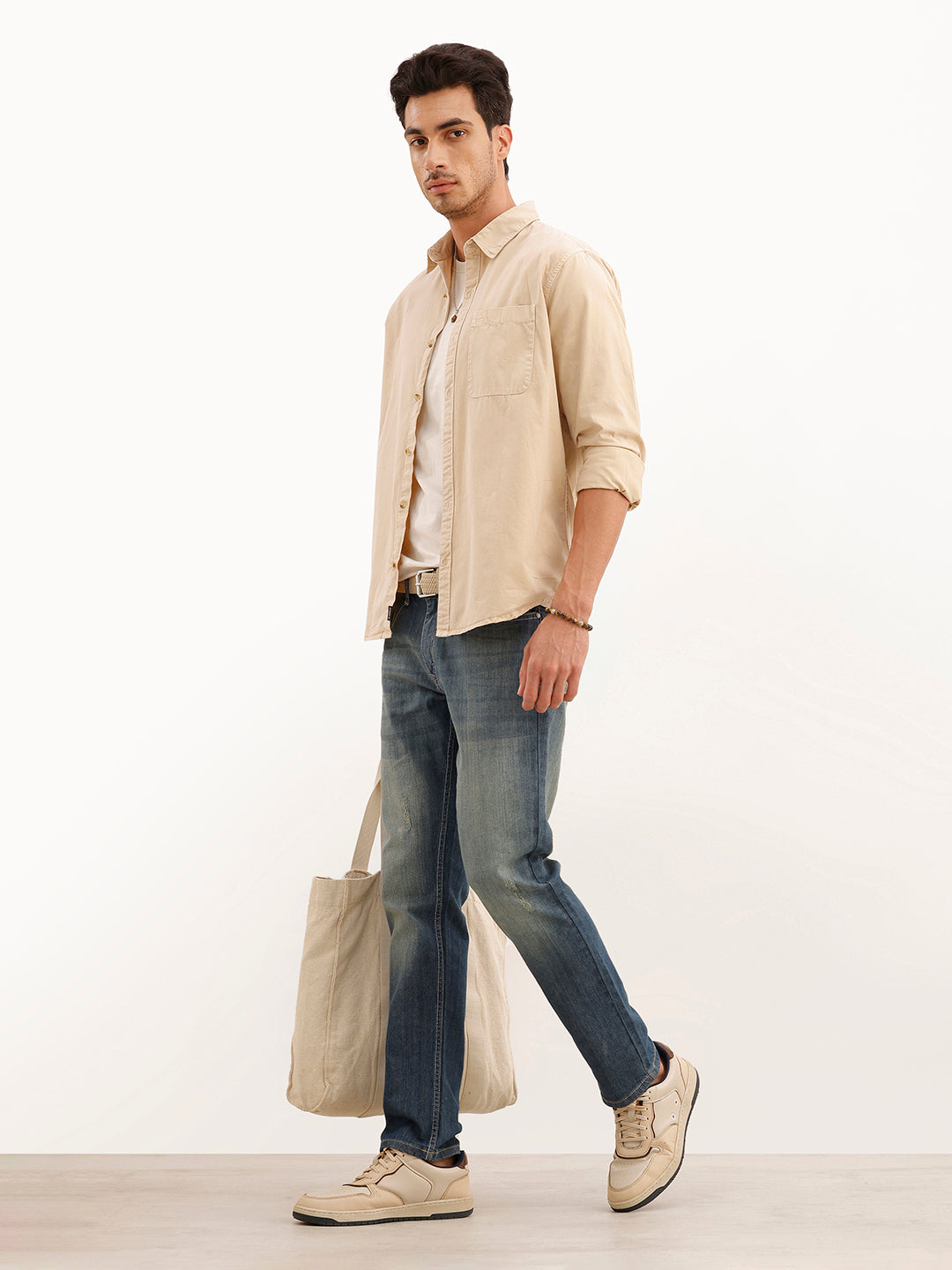 Solid Regular Fit Full Sleeve Overdyed Shirt | Beige