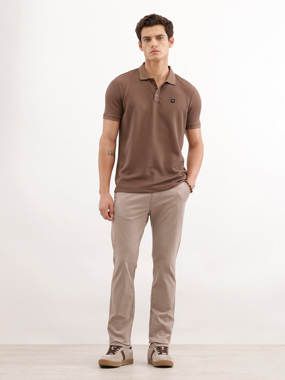 Slim Fit Solid Textured Polo T-Shirt  | Brown