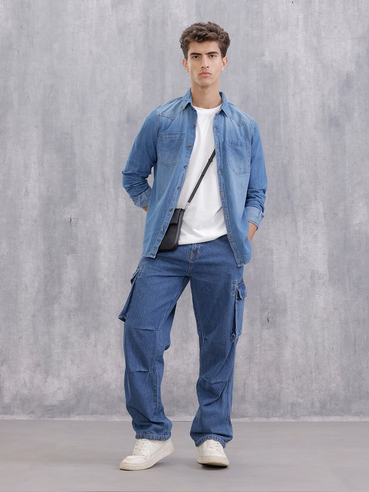 Indigo Washed Casual Regualr Fit Denim Shirt | Blue