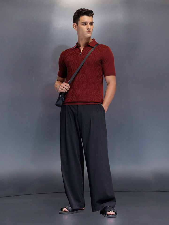 Men's slims fit polo with self design fabric | Maroon