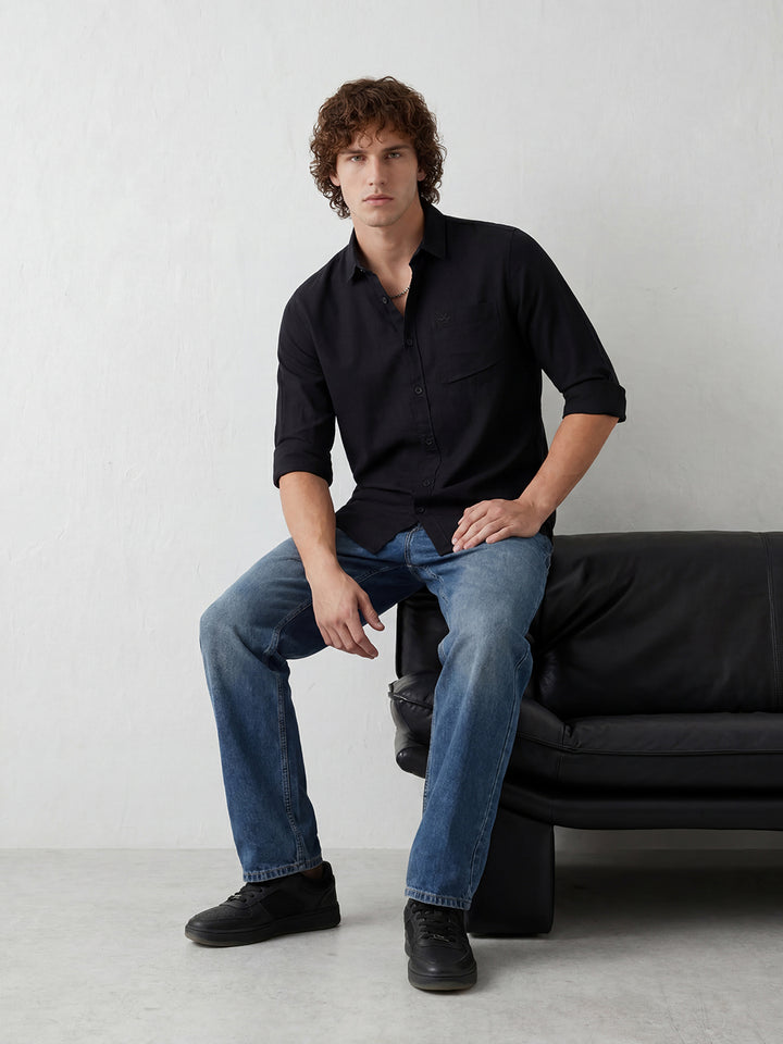 Solid Regular Fit Full Sleeve Shirt | Black