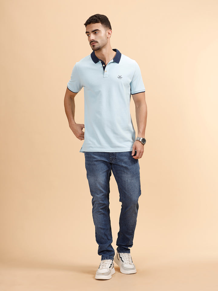 Glitched Logo Printed Polo T-Shirt | Light Blue