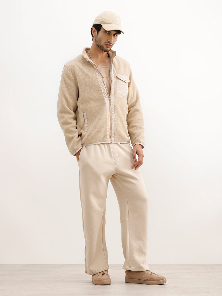 Solid Regular Fit Sherpa Jacket | Beige