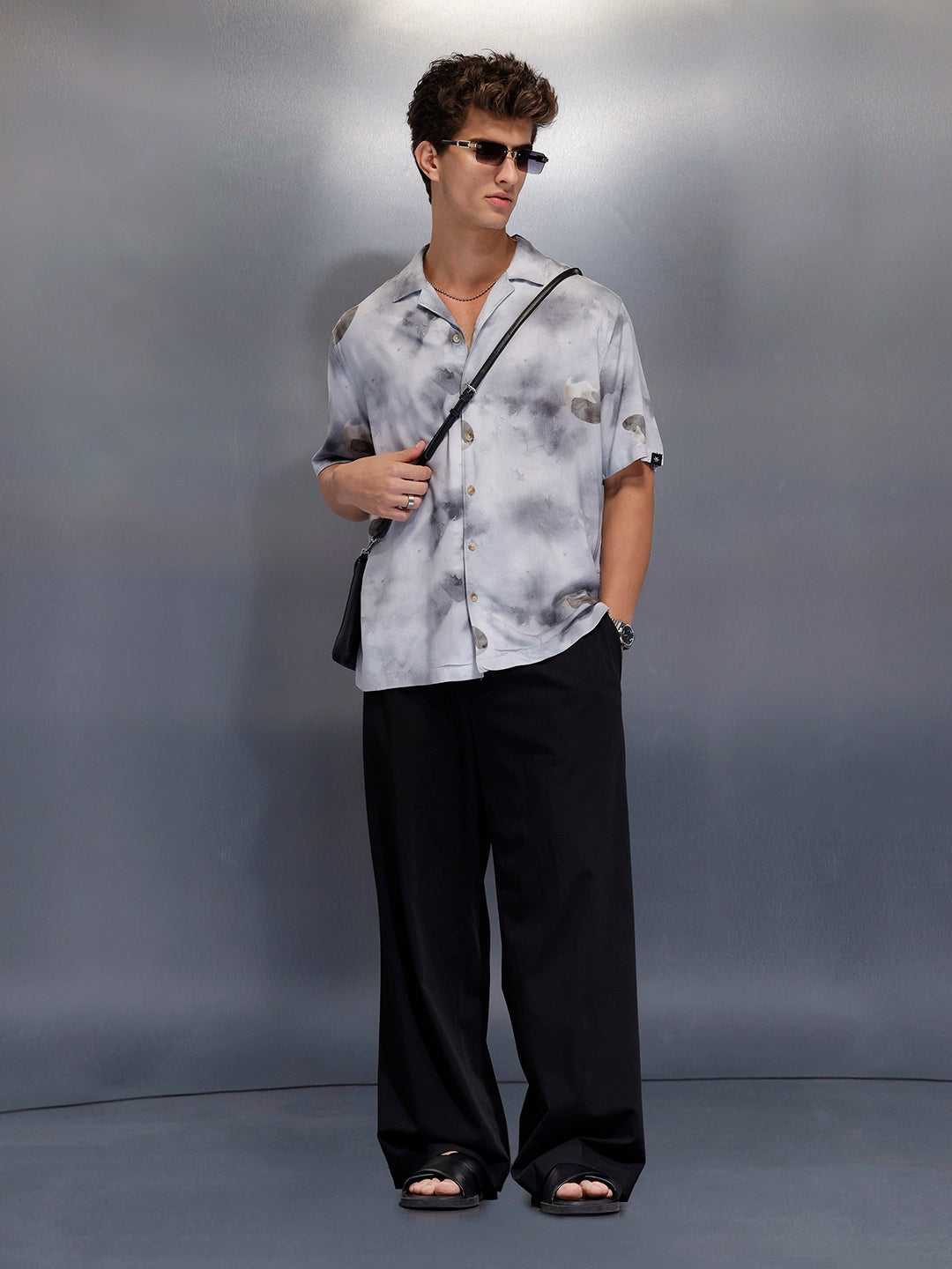 Men’s casual grey printed resort shirt | Navy Blue