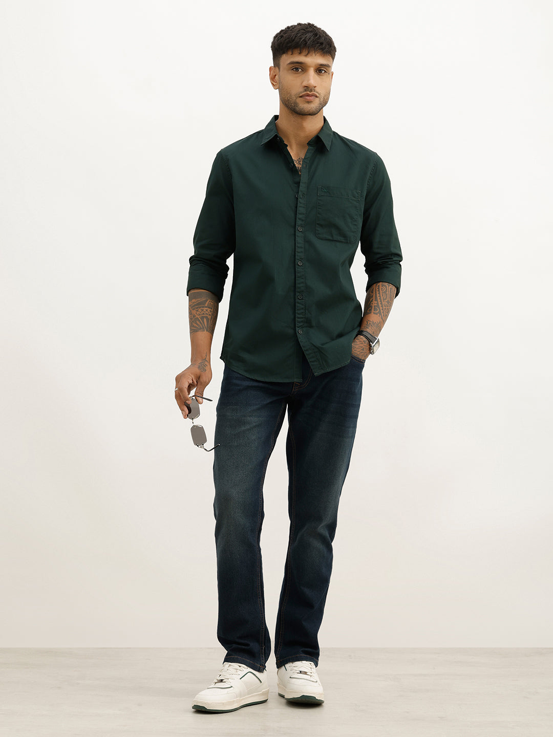 Solid Slim Fit Full Sleeve Shirt | Dark Green