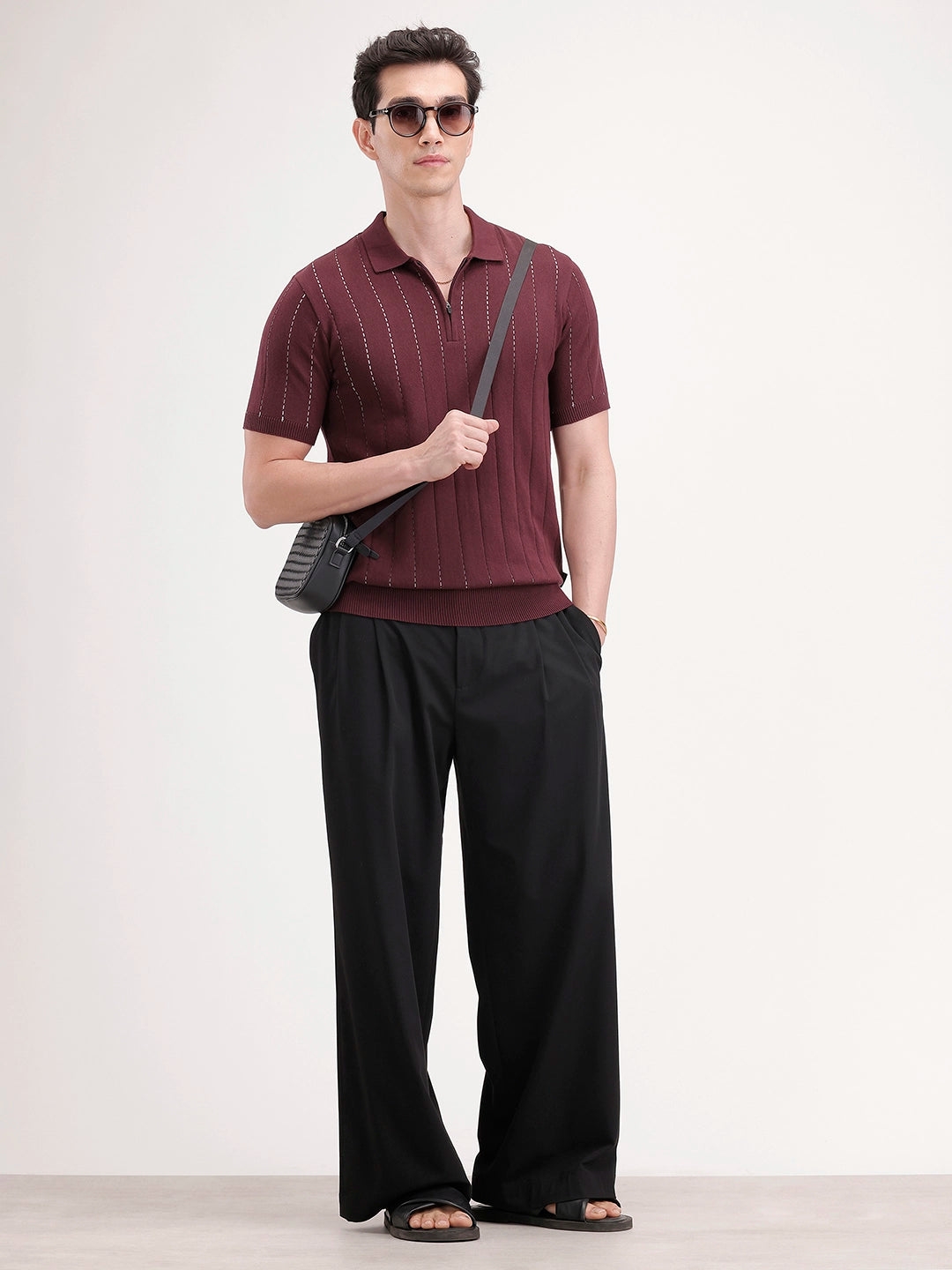 Slim Fit Flat Knit Polo T-Shirt | Maroon