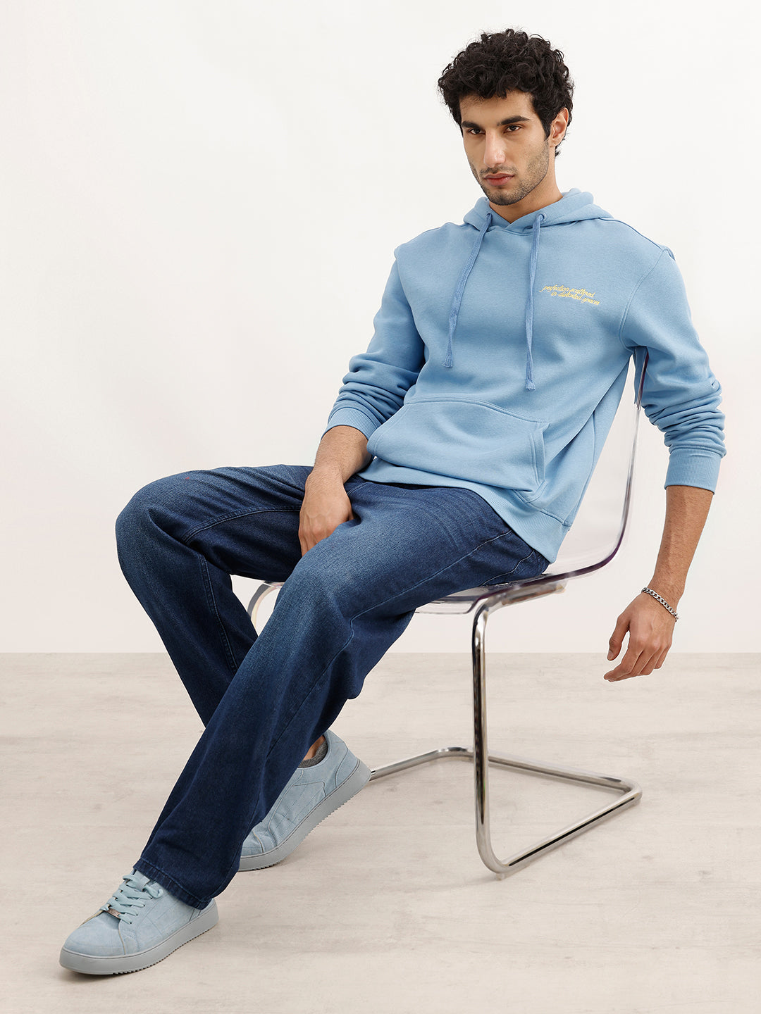 Comfort Fit Placement Printed Hooded Sweatshirt | Blue