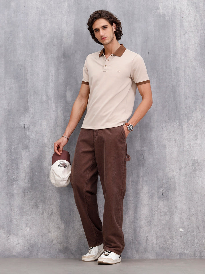 Men Slim Fit Polo Collar T-Shirt With Contrast Collar | Beige