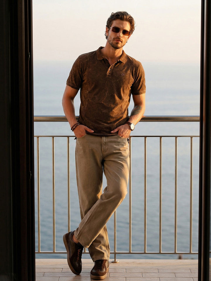 Slim Fit Washed Cut & Sew Polo T-Shirt | Brown