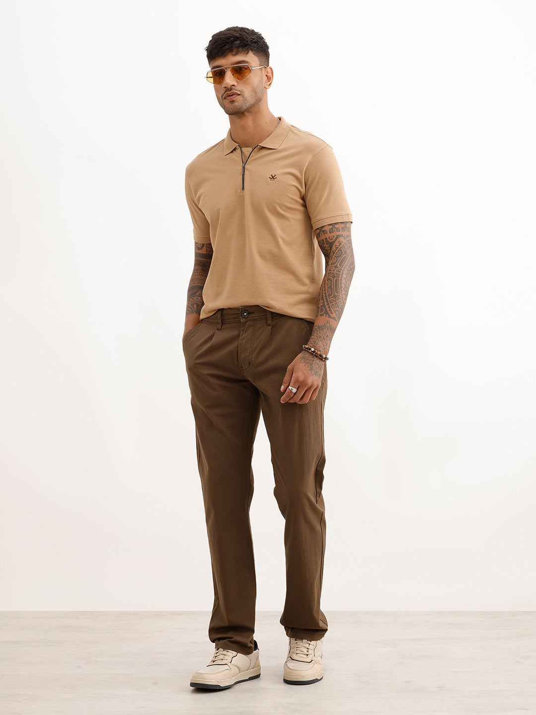 Solid Straight Fit Pleated Trouser | Olive
