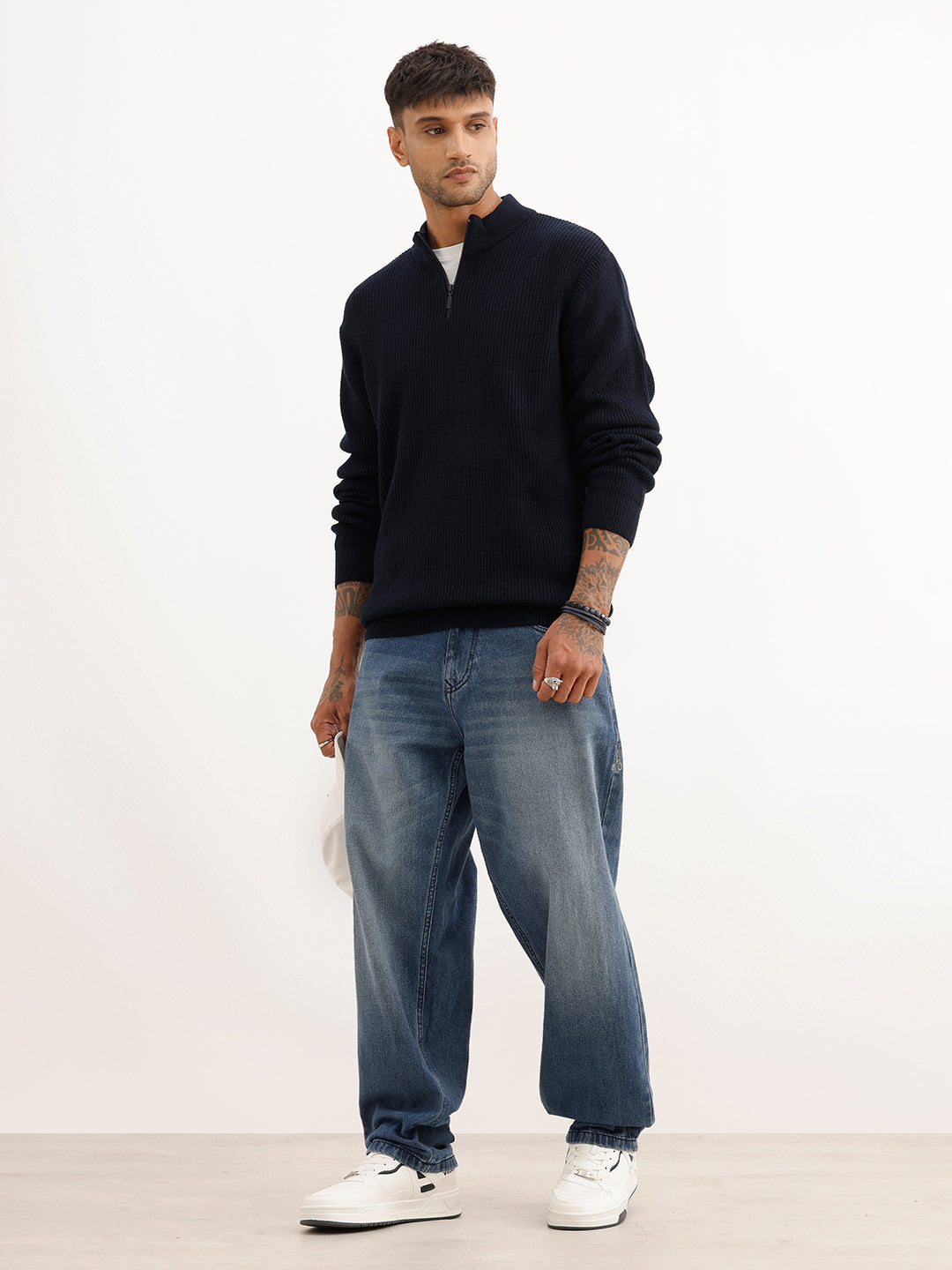 Regular Fit Textured Quater Zipper Sweater | Blue