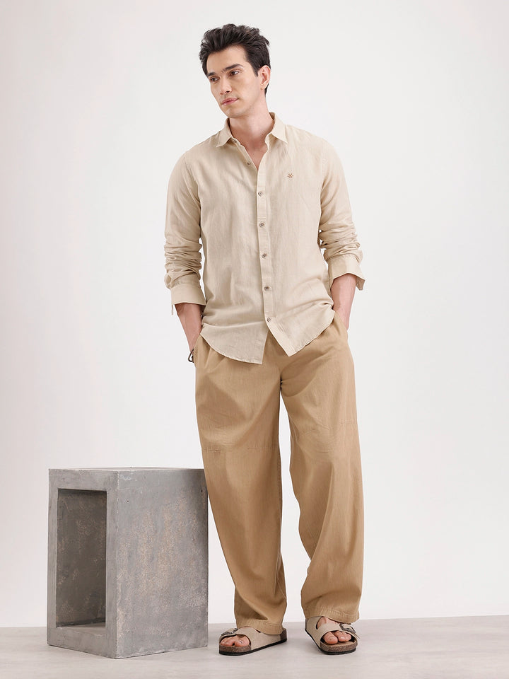 Solid Slim Fit Linen Blend Shirt  | Khaki