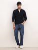 Solid Regular Fit Quater Zipper Textured Sweater | Blue