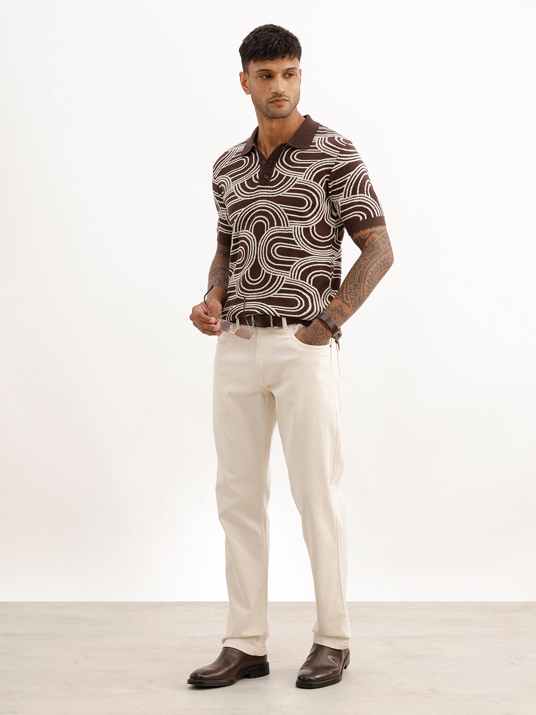 Slim Fit Jacquard Polo T-Shirt | Brown