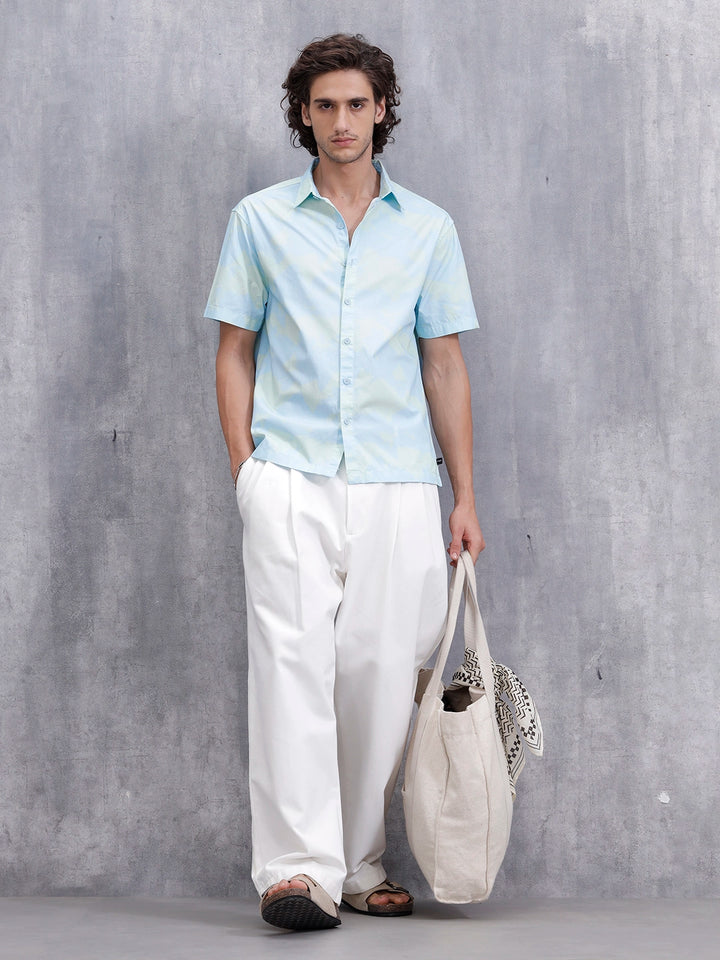 Pastel Aop Printed Comfort Fit Spread Collar Shirt | Blue