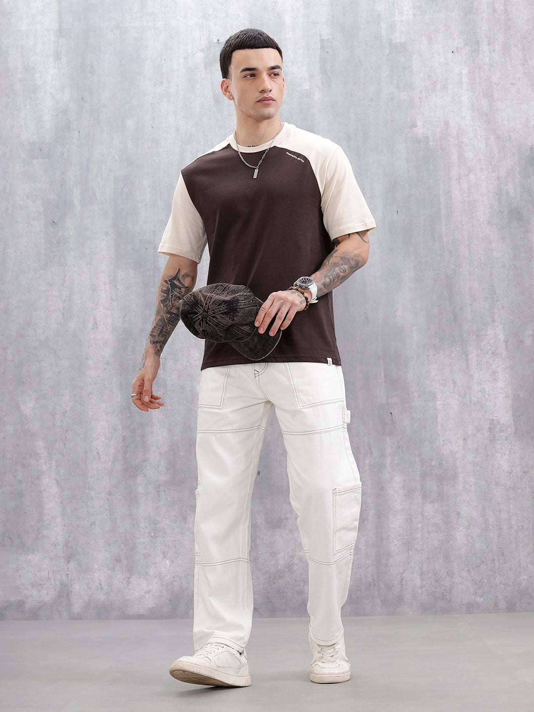 Wrogn Men's Casual Colorblocked T-Shirt  | Brown