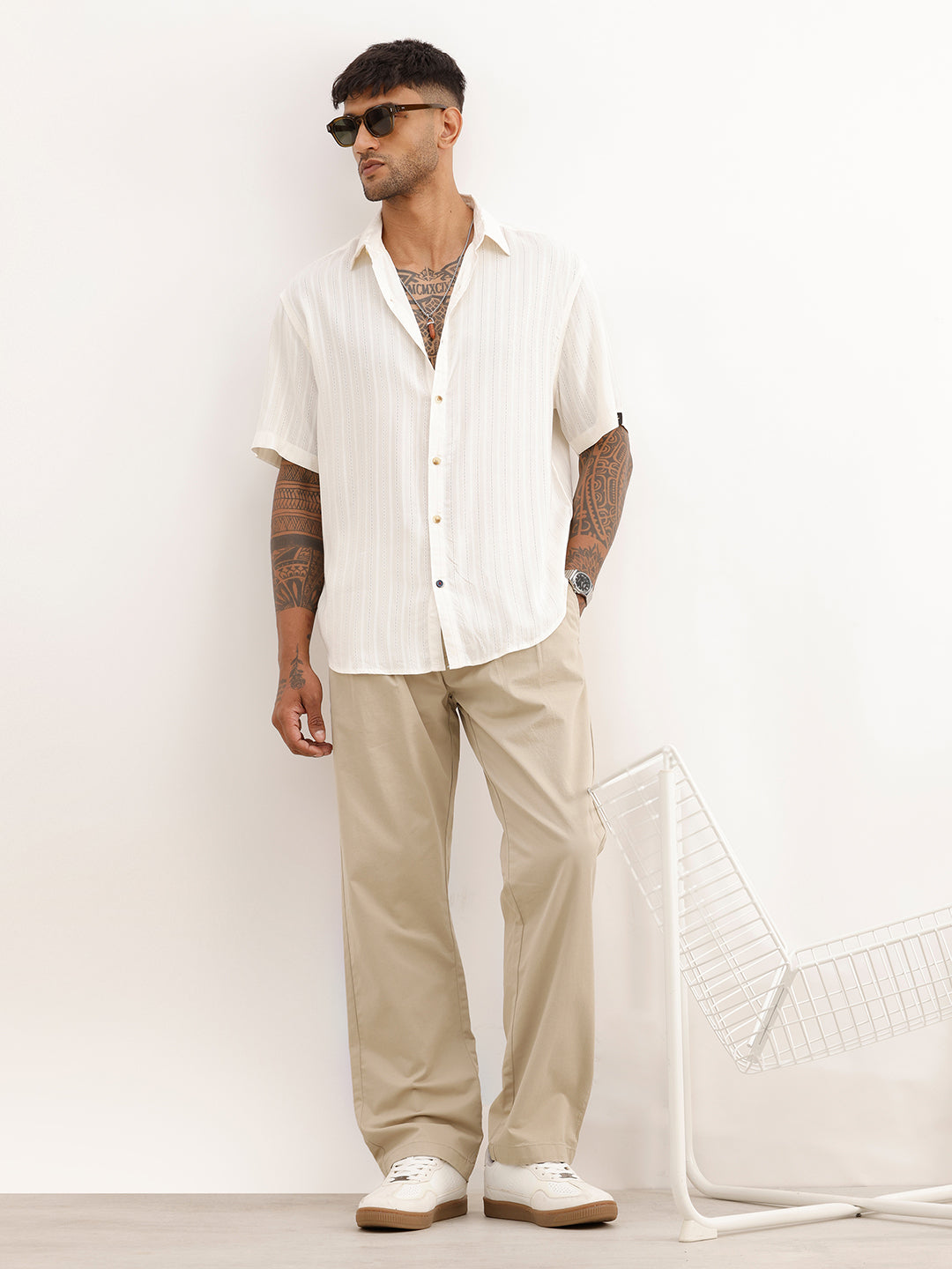 Textured Comfort Fit Half Sleeve Shirt | Off White