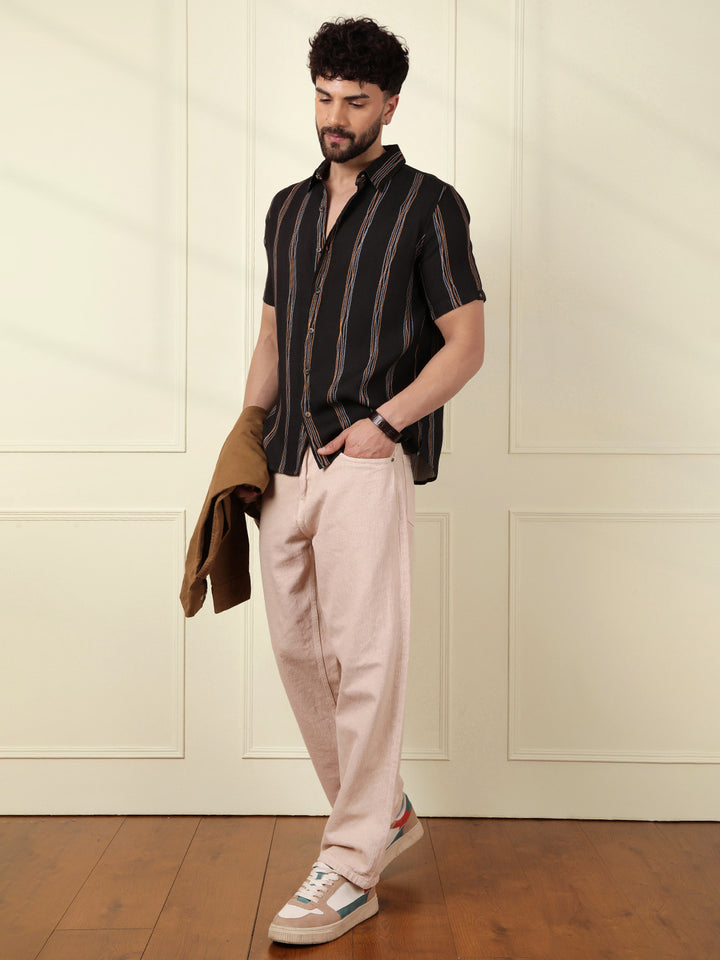 Striped Viscose Shirt | Black