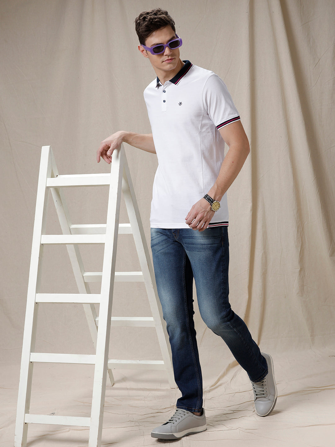 Blocked Edges Solid White Polo T-Shirt