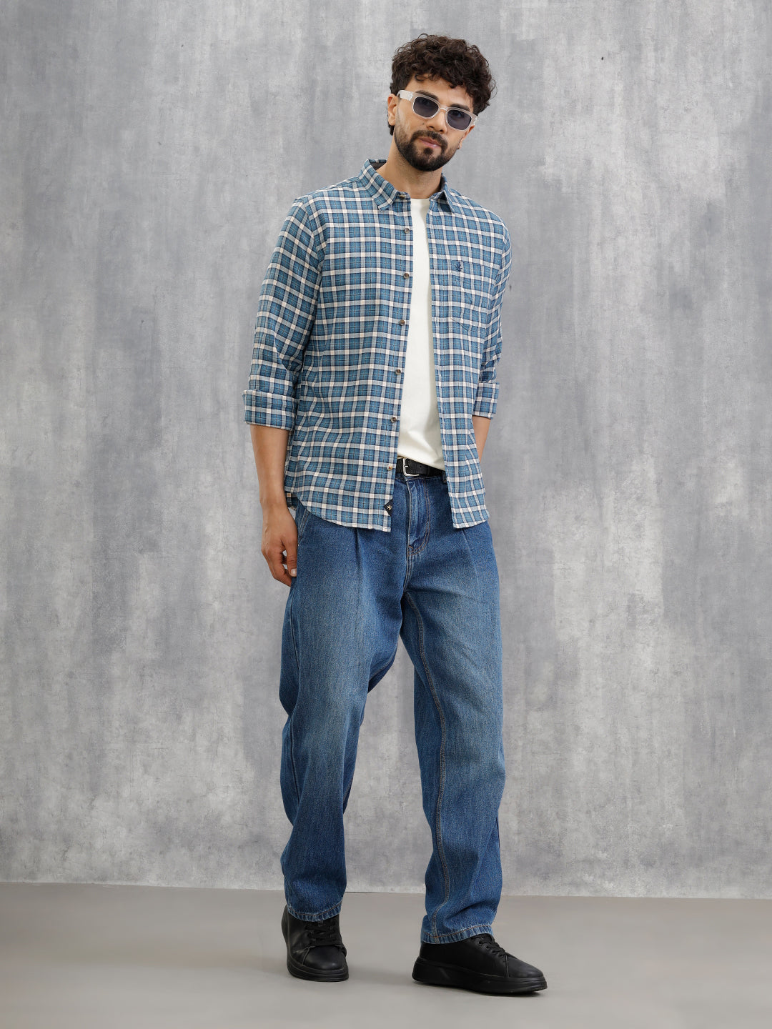 Micro Check Shirt In Seersucker Fabric | Blue