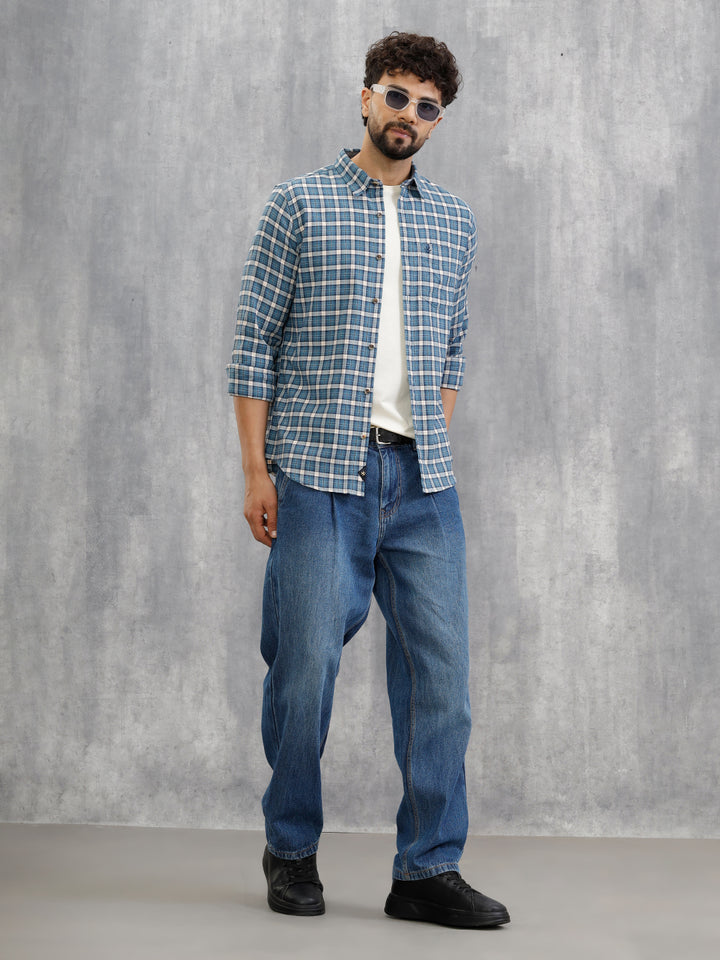 Micro Check Shirt In Seersucker Fabric | Blue