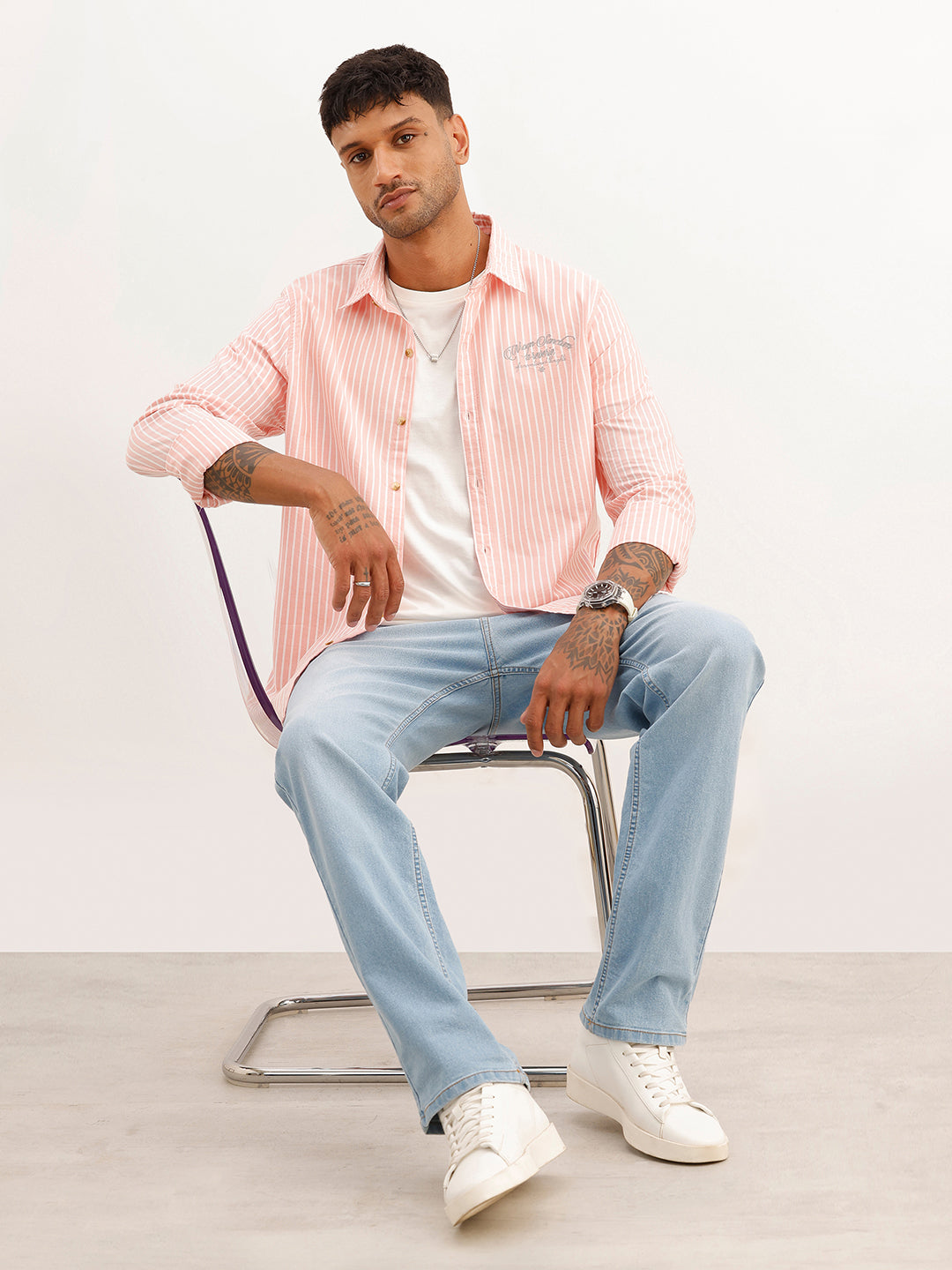 Slim Fit Striped Embroidery Detail Shirt | Pink | WSH01FSSL7062W