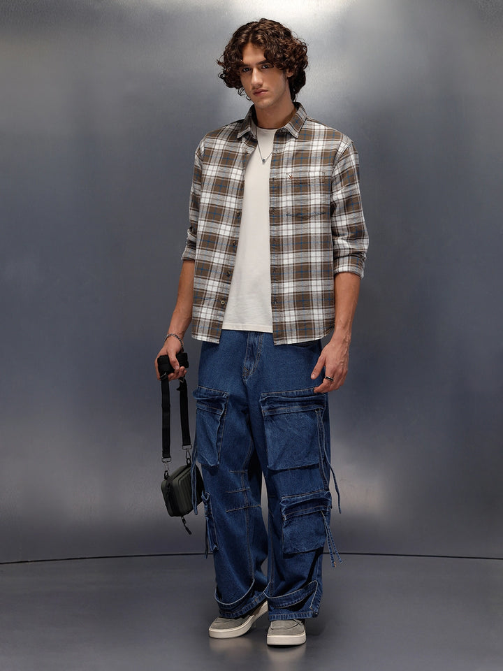 Textured Comfort Fit Checkered Pattern Shirt With Branding | Brown