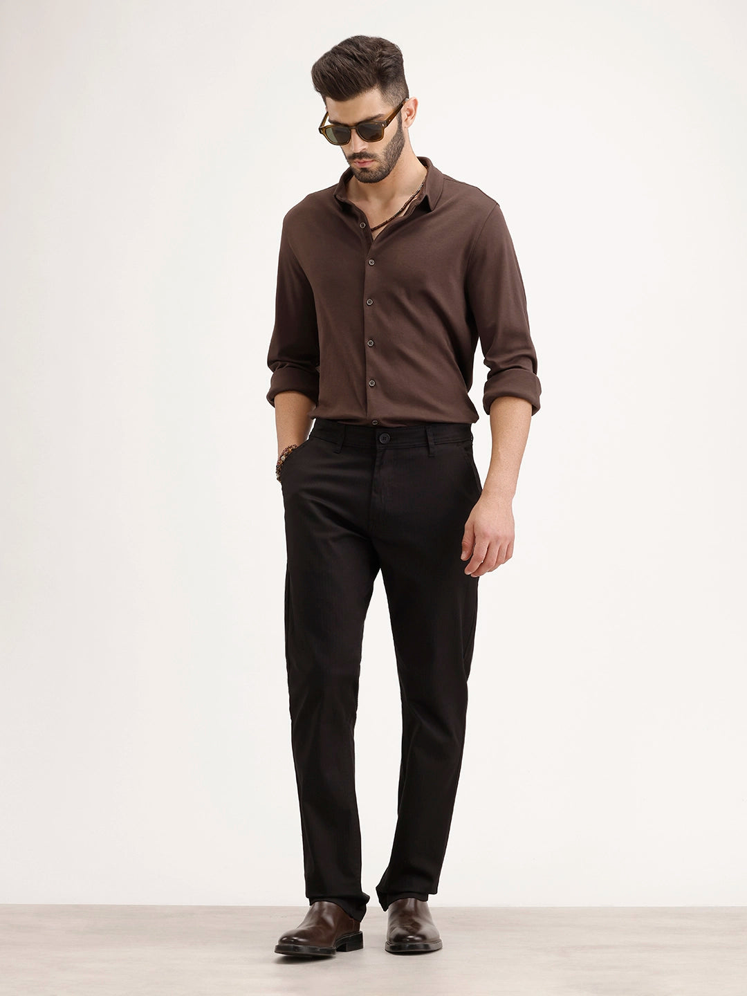 Solid Straight Fit Herringbone Trouser | Black