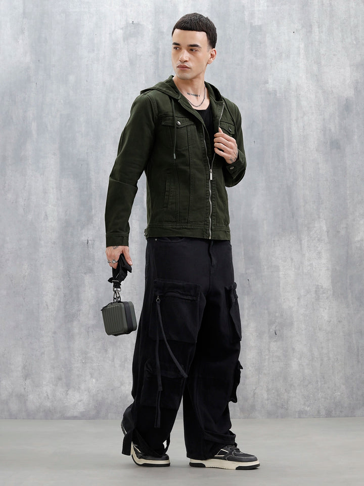 Wrogn Men's Casual Zip-Up Hooded Jacket | Olive