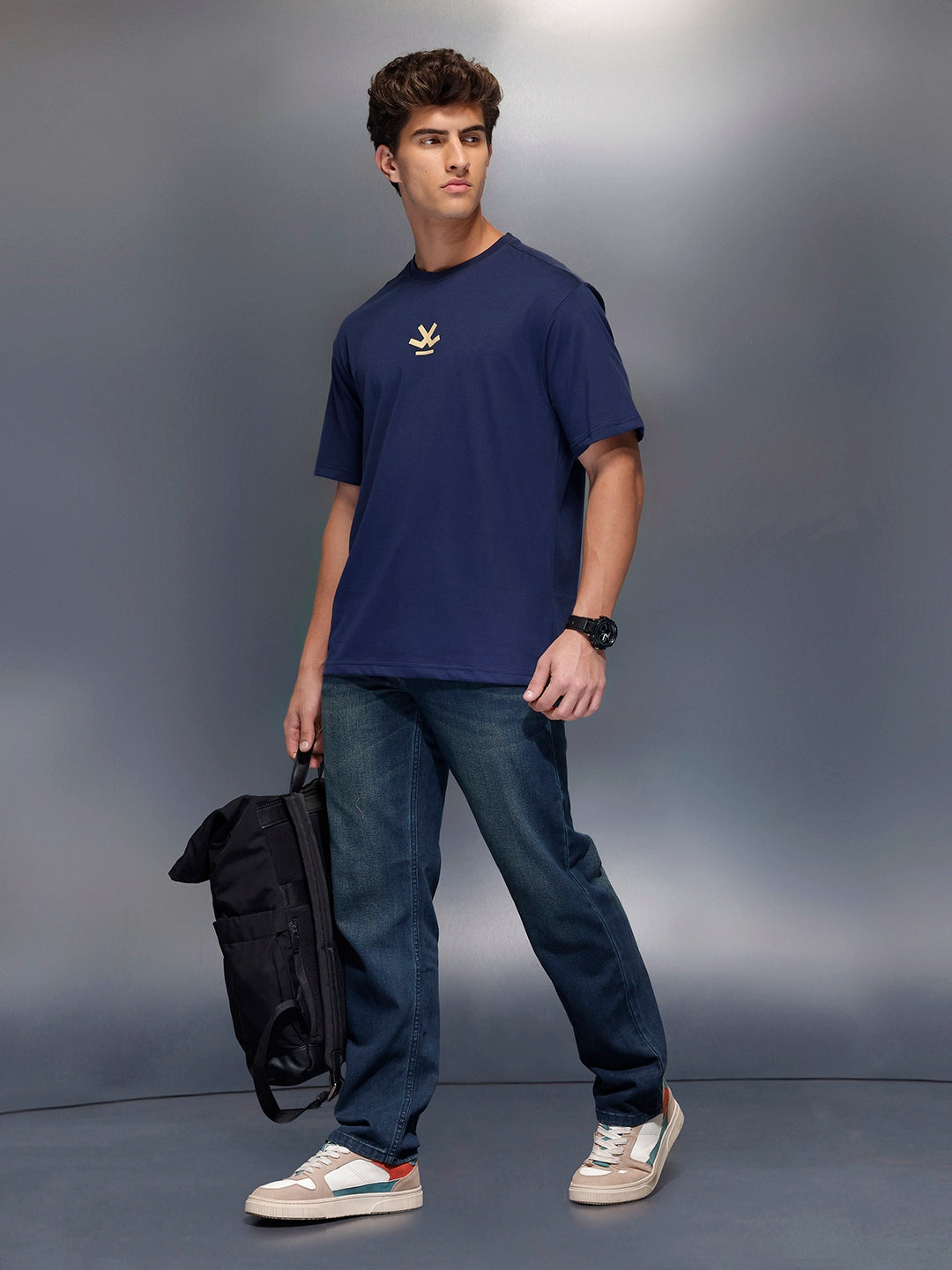 Classic Oversized Back Printed T-Shirt   |  Navy Blue