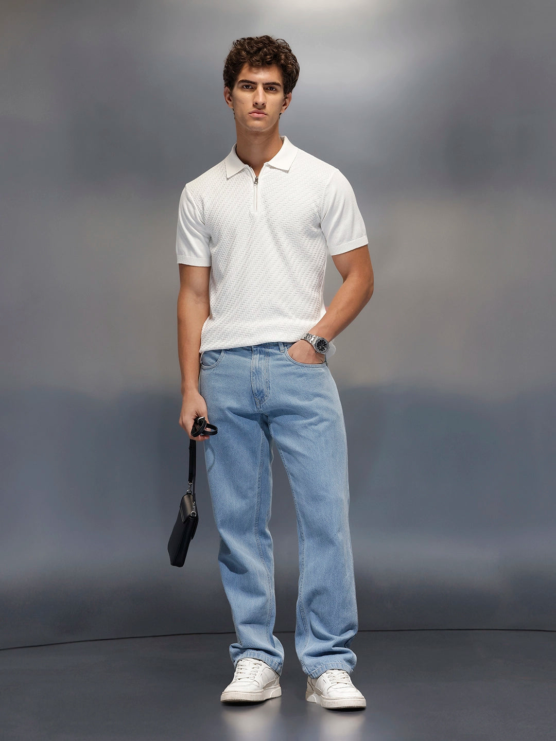 Men's Textured Zip- Up Polo T-Shirt  |  White