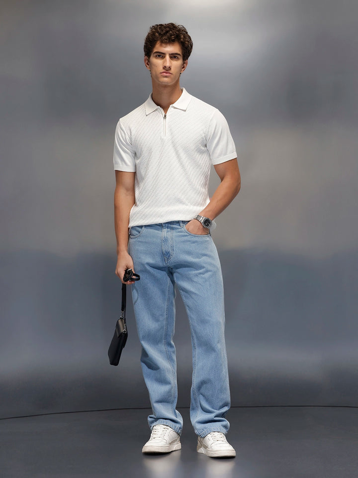 Men's Textured Zip- Up Polo T-Shirt  |  White