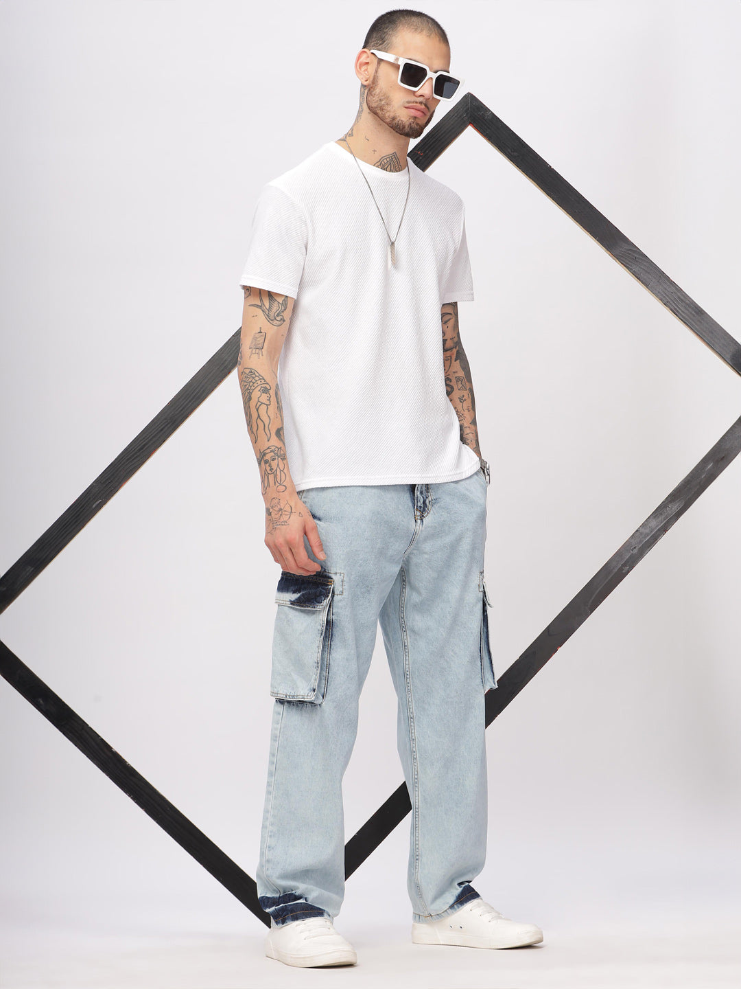 Blue Wash Loose Fit Cargo Jeans