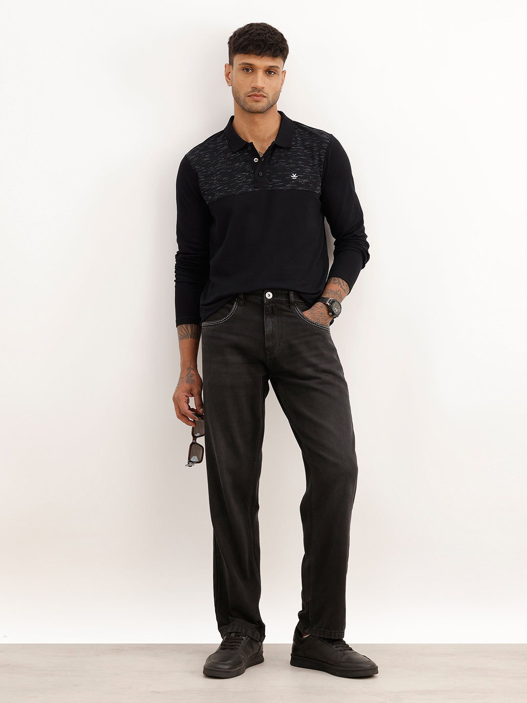 Slim Fit Full Sleeve Placement Printed Polo T-Shirt | Black