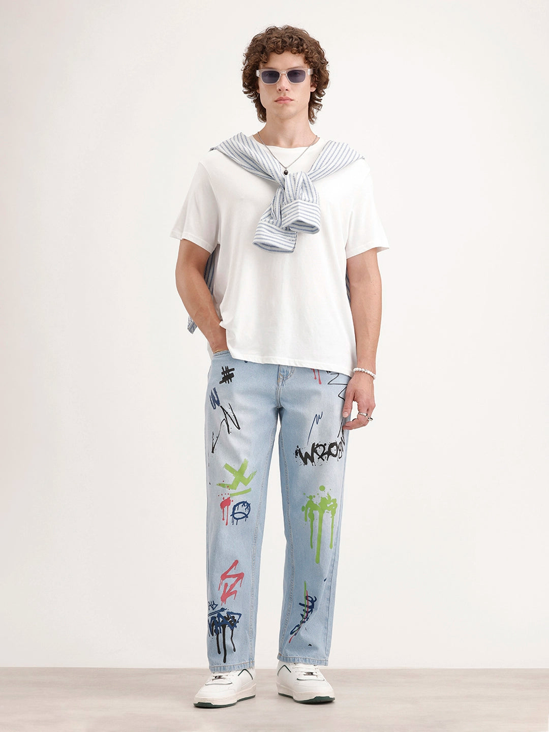Loose Fit Placement Printed Denim Jeans | Light Blue