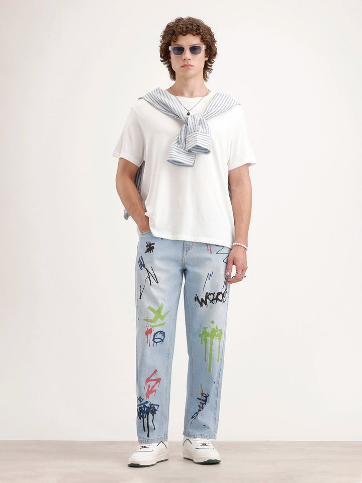 Loose Fit Placement Printed Denim Jeans | Light Blue