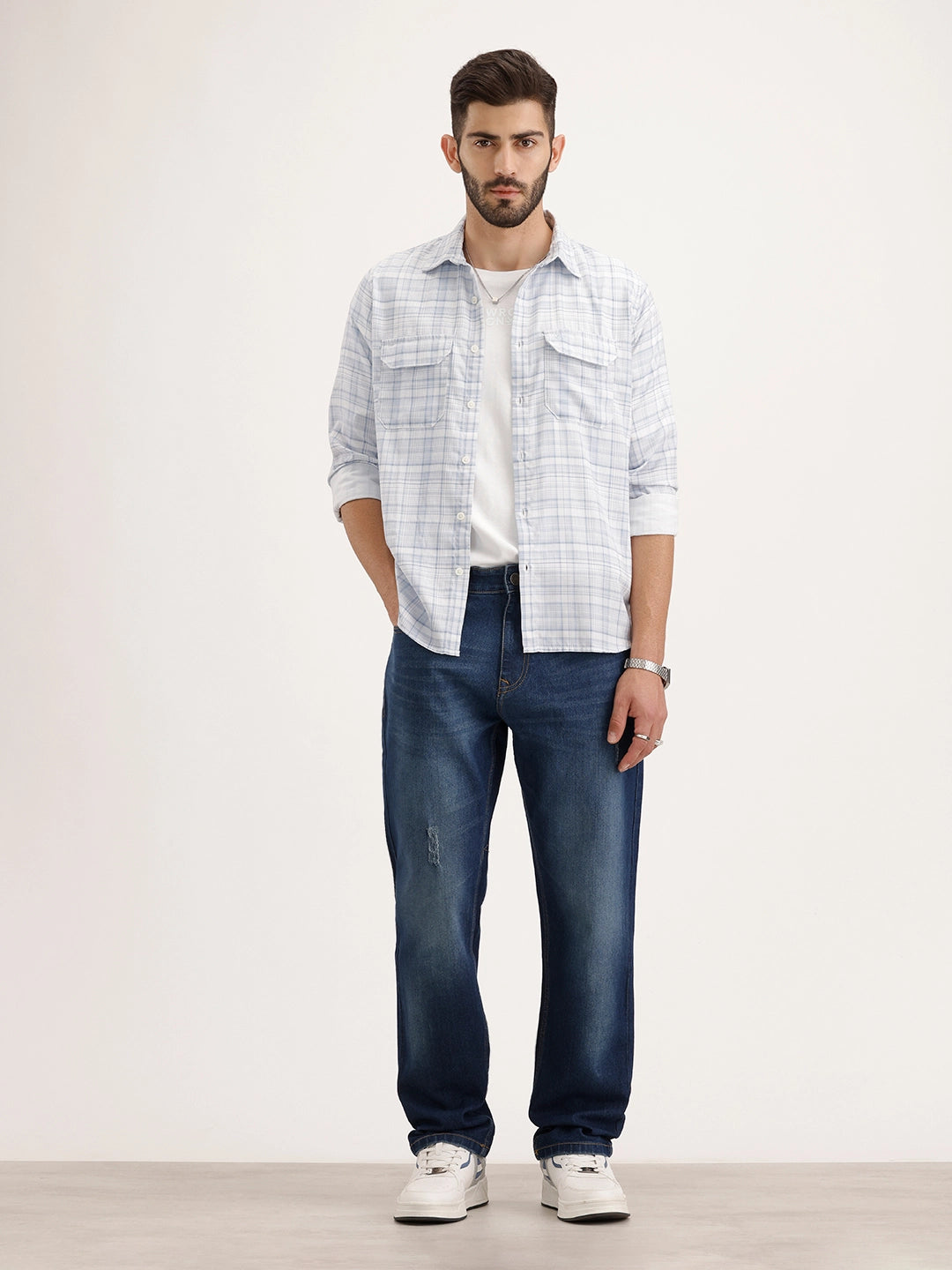 Regular Fit Double Pocket Full Sleeve Shirt | Light Blue