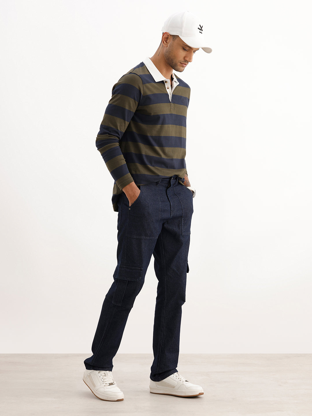 Solid Straight Fit Denim Cargo | Dark Blue