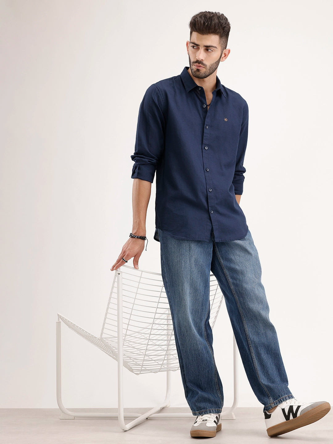 Solid Slim Fit Linen Blend Shirt | Navy