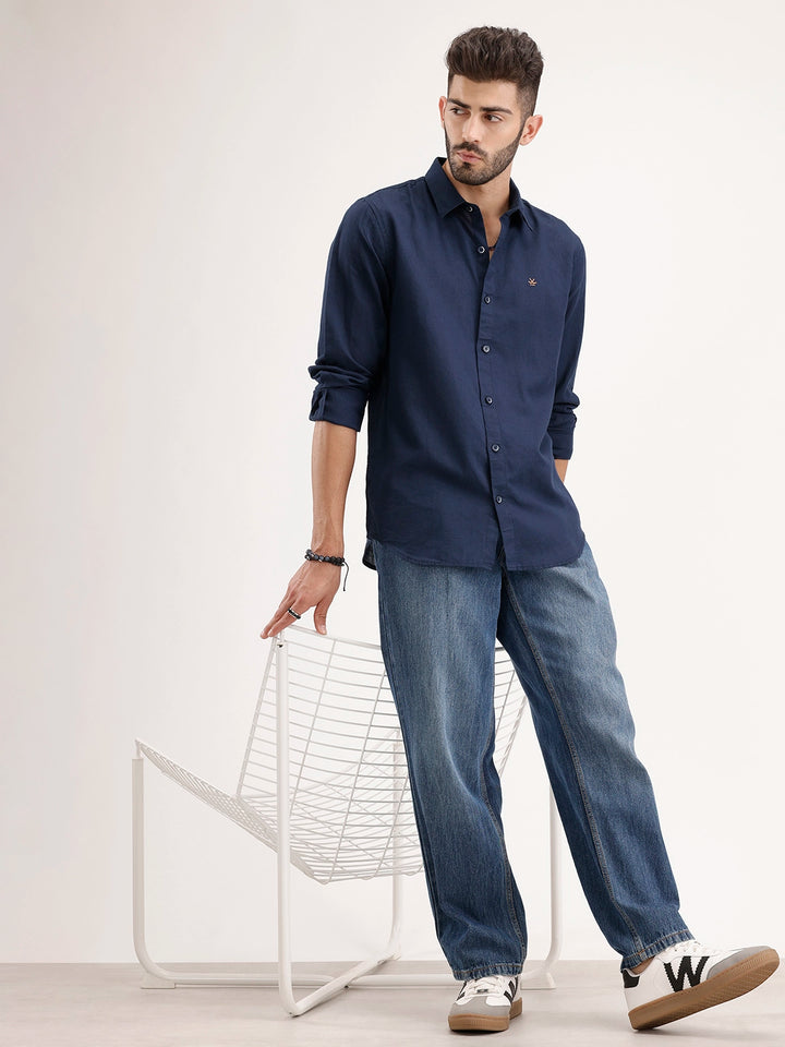 Solid Slim Fit Linen Blend Shirt  | Navy Blue