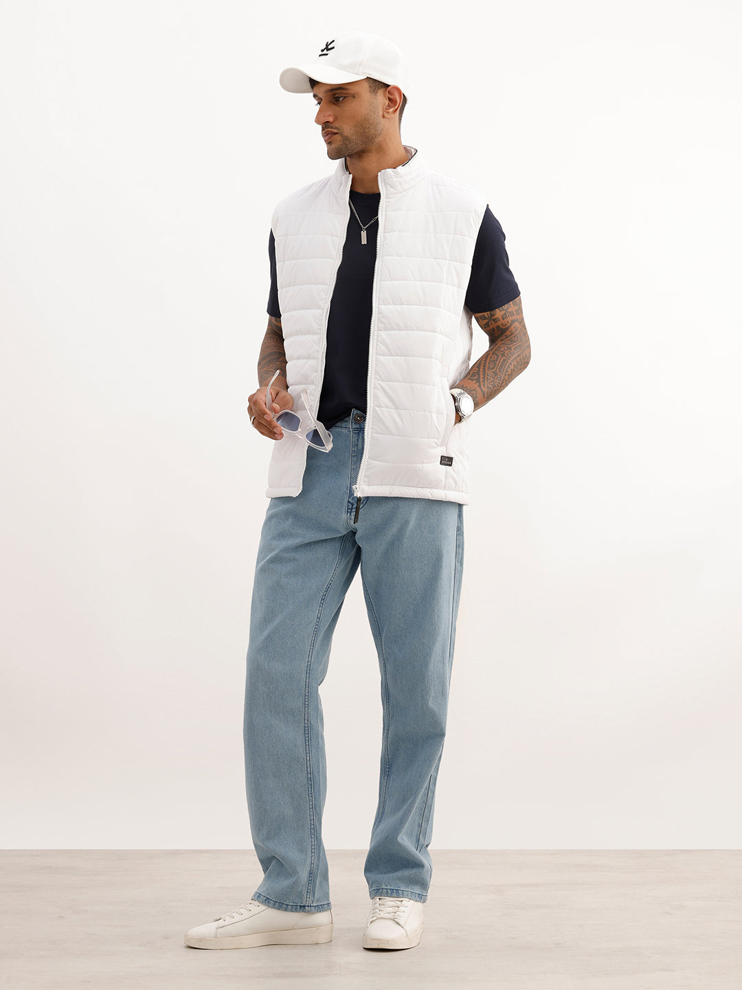 Solid Cut Off Sleeve Puffer Jacket | White